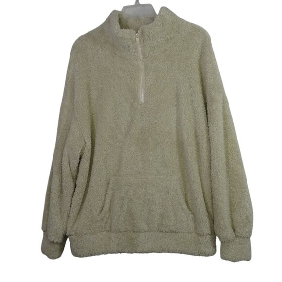 Cozy Cream Plush Pullover Half Zip Jacket Women Size L Kangaroo Pocket Outerwear - Picture 1 of 9